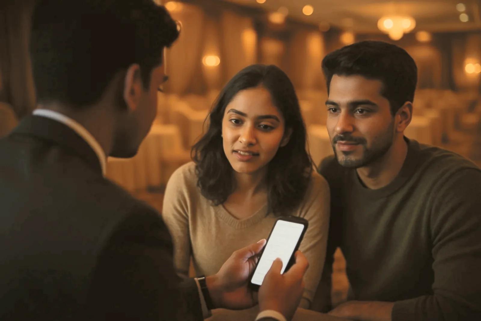 An executive showing the app to a family in a banquet hall